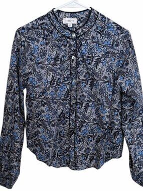 Evereve Blue Sheila Coastal Blue Floral long sleeve Piped Blouse. Size Medium.